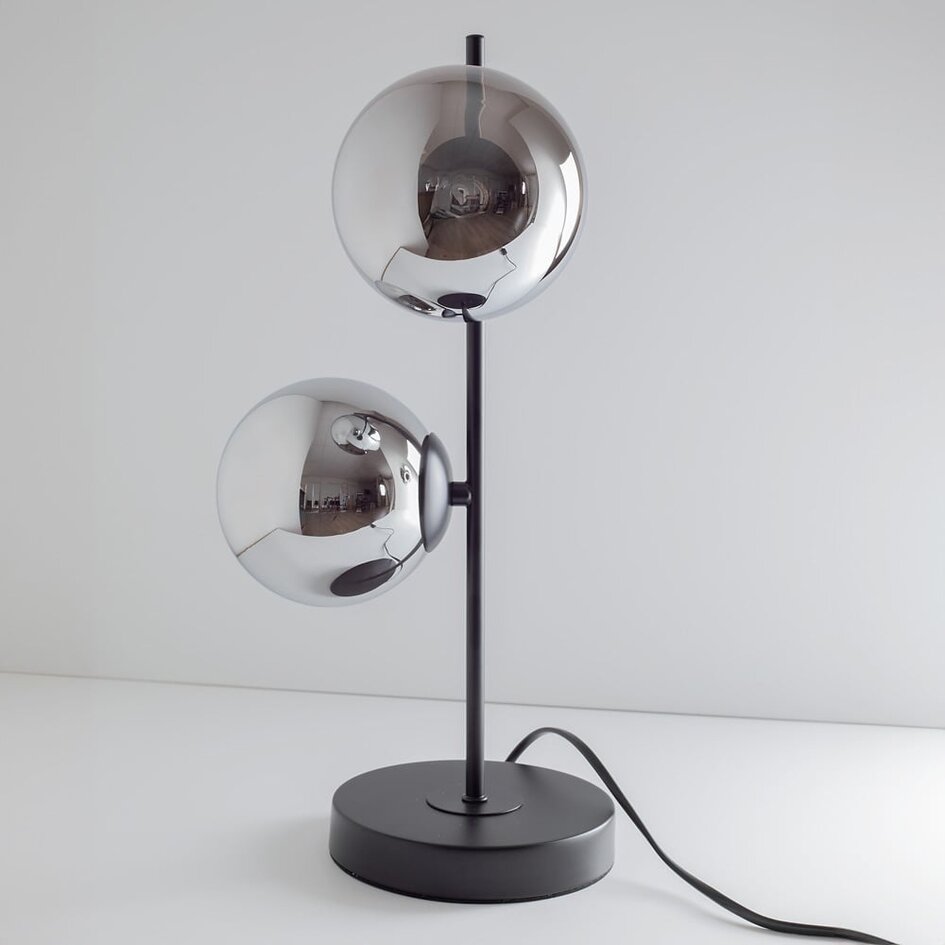 2-flammige Tischleuchte Ethan schwarz - Rauchglas mit Spiegeleffekt