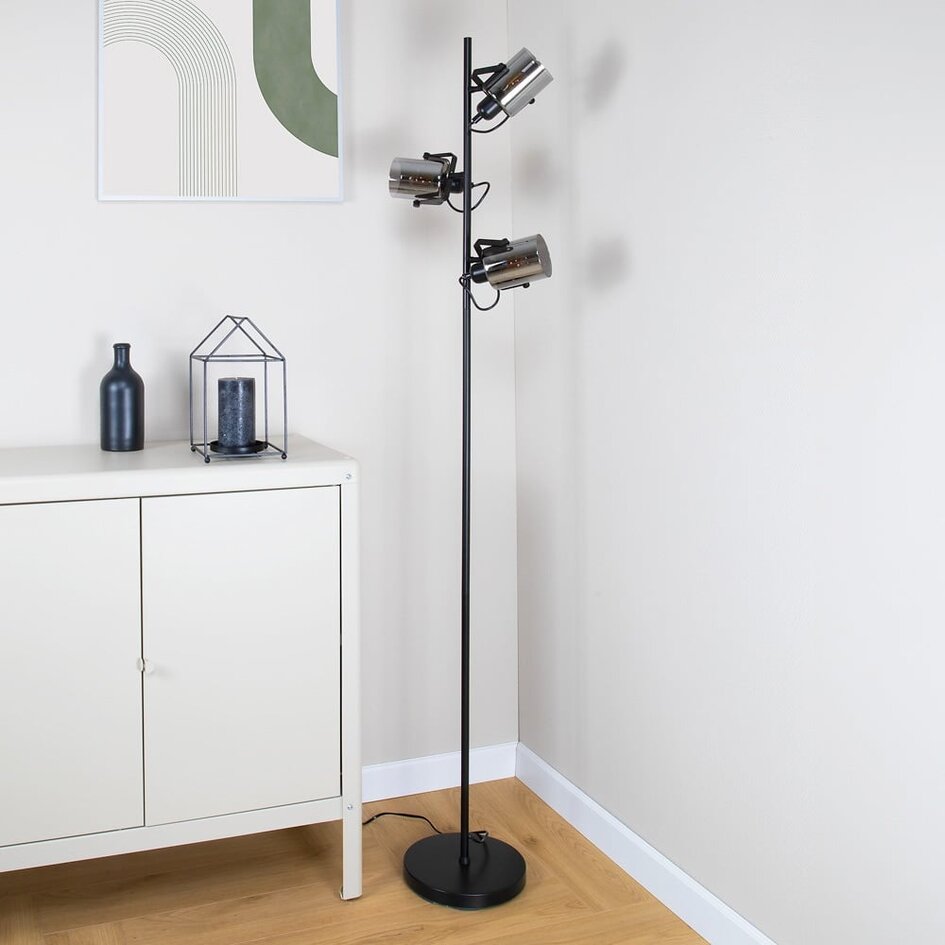 Schwarze Stehleuchte mit Rauchglas, 3-flammig - Ferry