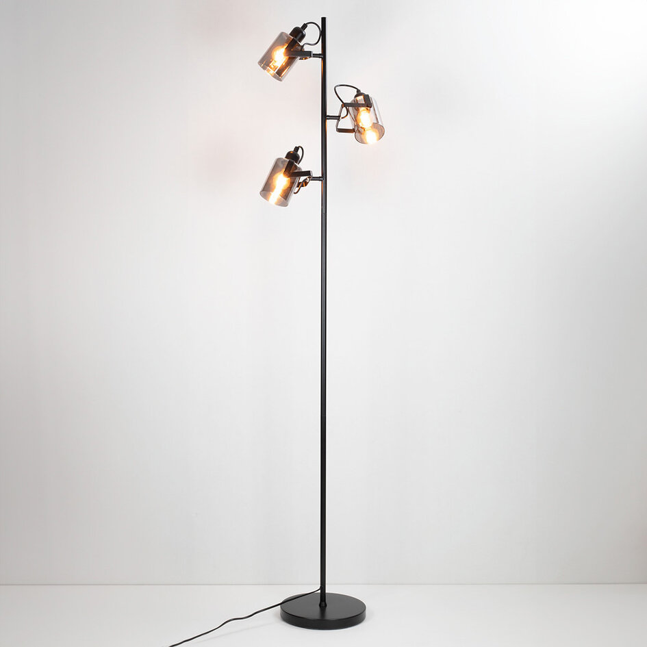 Schwarze Stehleuchte mit Rauchglas, 3-flammig - Ferry