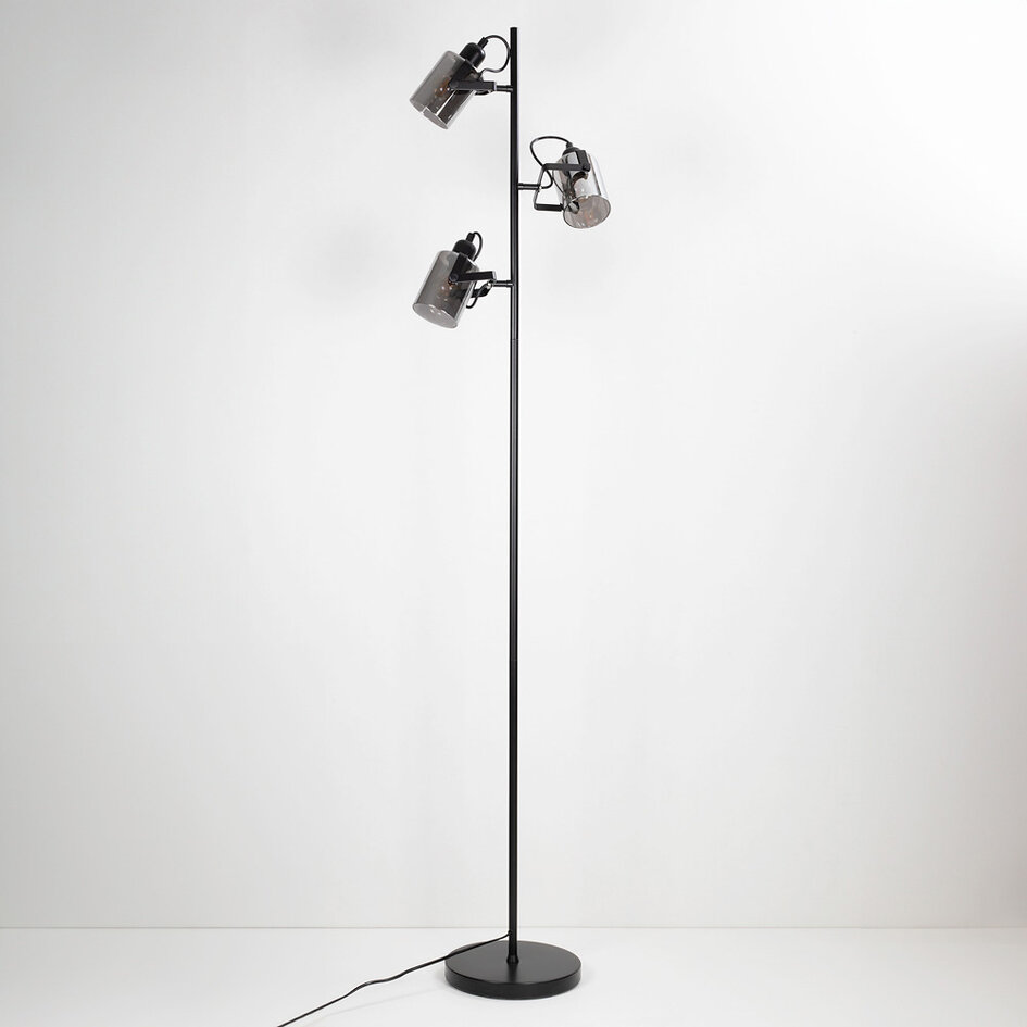 Schwarze Stehleuchte mit Rauchglas, 3-flammig - Ferry