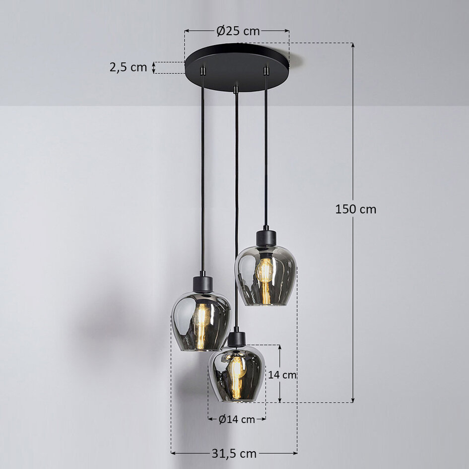 Design-Hängeleuchte mit Rauchglas 3-flammig - Kansas