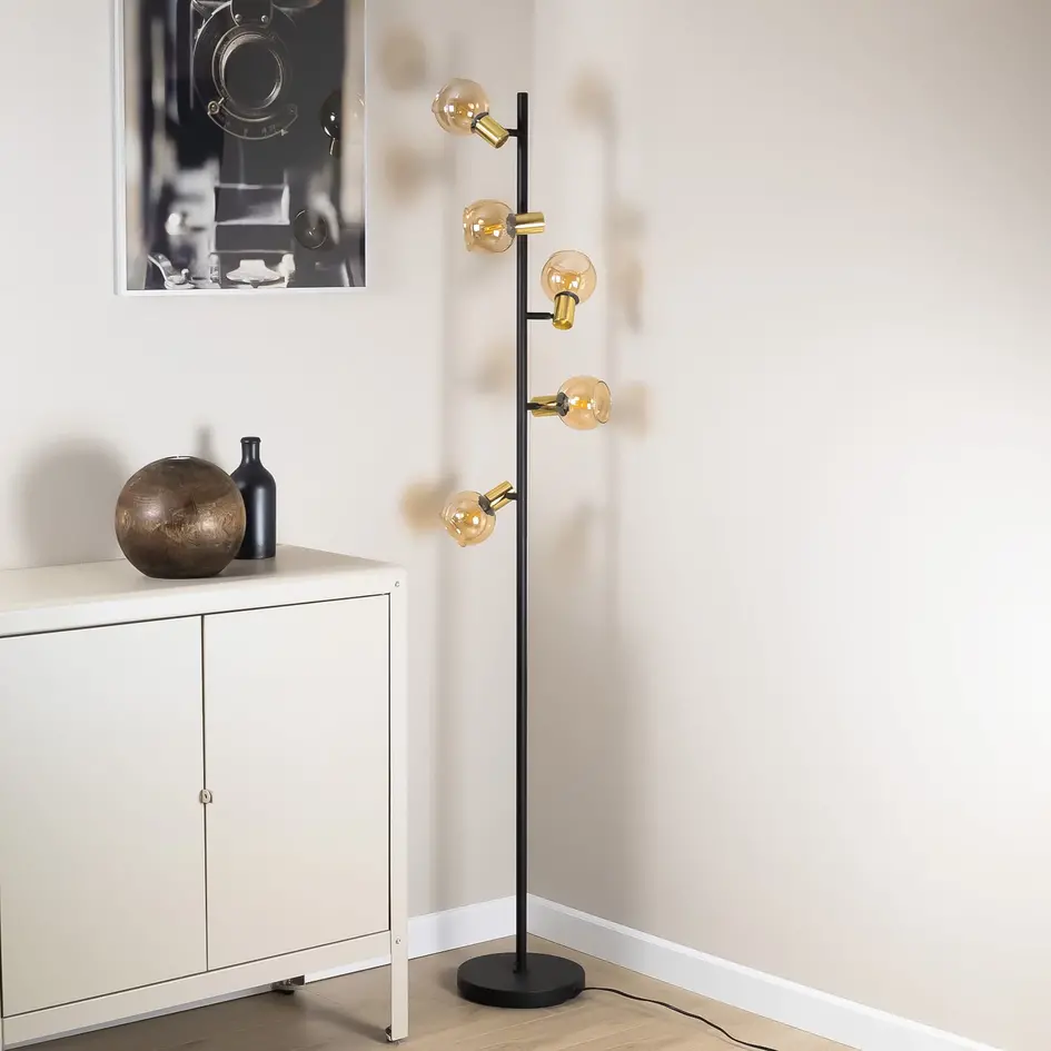 Industrielle Stehlampe in Mattschwarz mit Sandgold und amber Glas 5-flammig - Chula