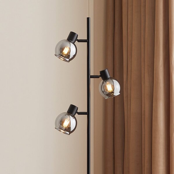 Moderne mattschwarze Stehleuchte mit Rauchglas 3-flammig - Mesa