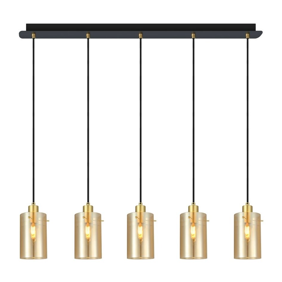 Moderne mattschwarze und sandgoldene Pendelleuchte mit amber Glas, 5-flammig- Seattle