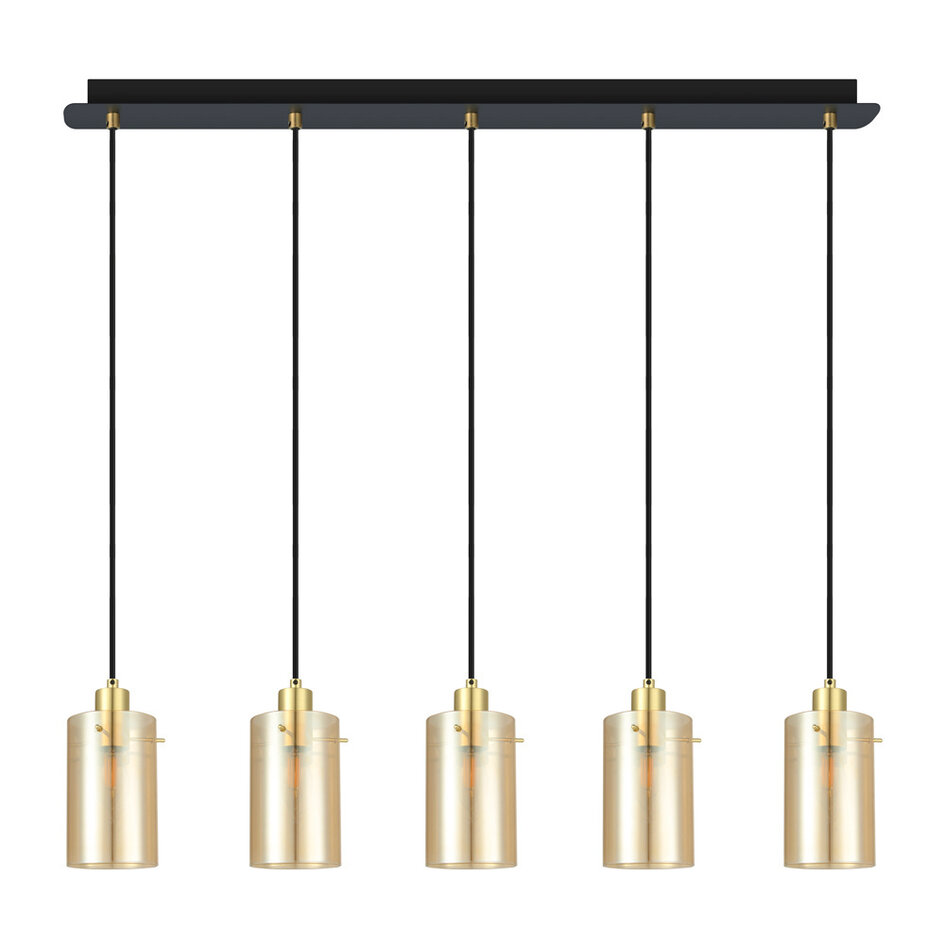 Moderne mattschwarze und sandgoldene Pendelleuchte mit amber Glas, 5-flammig- Seattle