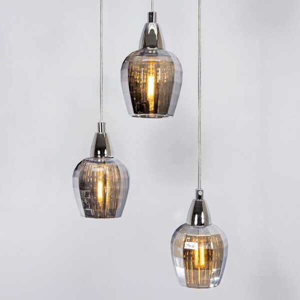 Industrielle Pendelleuchte aus Chrom mit Rauchglas, 3-flammig - Veronica