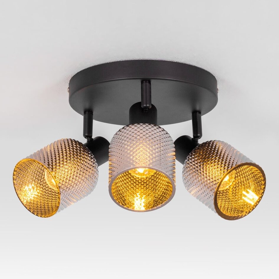 Mattschwarzer Deckenstrahler mit rauchgrauem Glas 3 Spots - Jersey