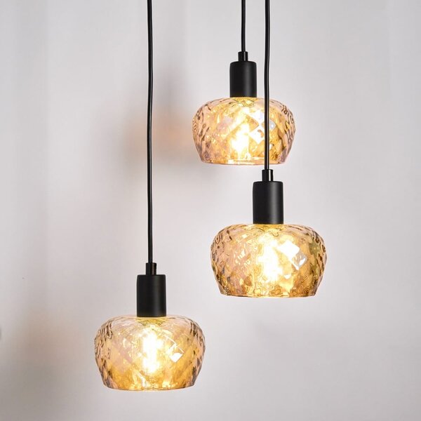 Moderne mattschwarze Pendelleuchte mit amber Glas, 3-flammig - Scott