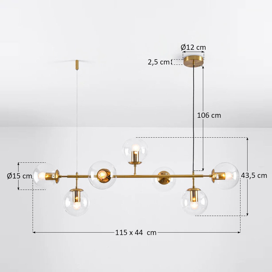Design-Hängeleuchte Hepta gold mit transparenten Glaskugeln