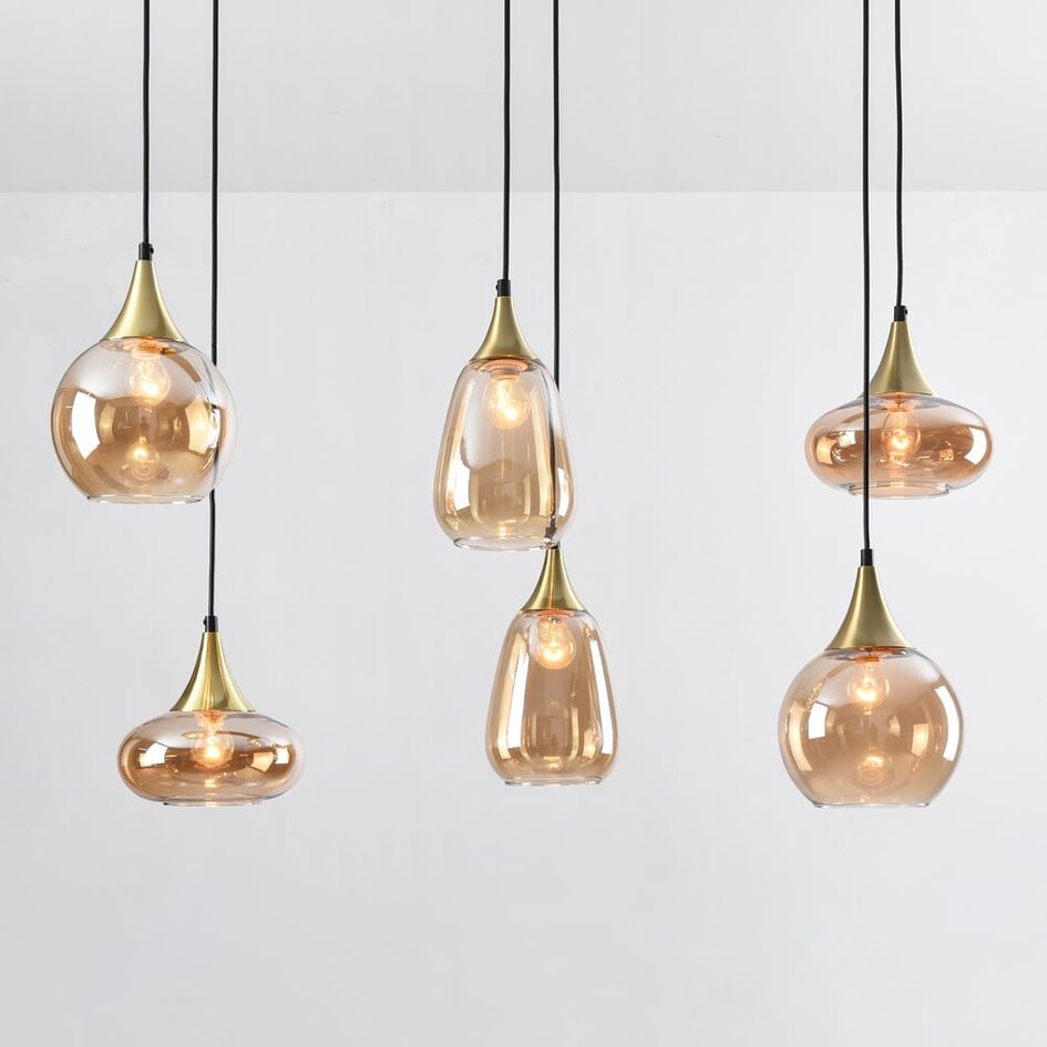 Pendelleuchte gold mit amber Glas, 6-flammig - Loic