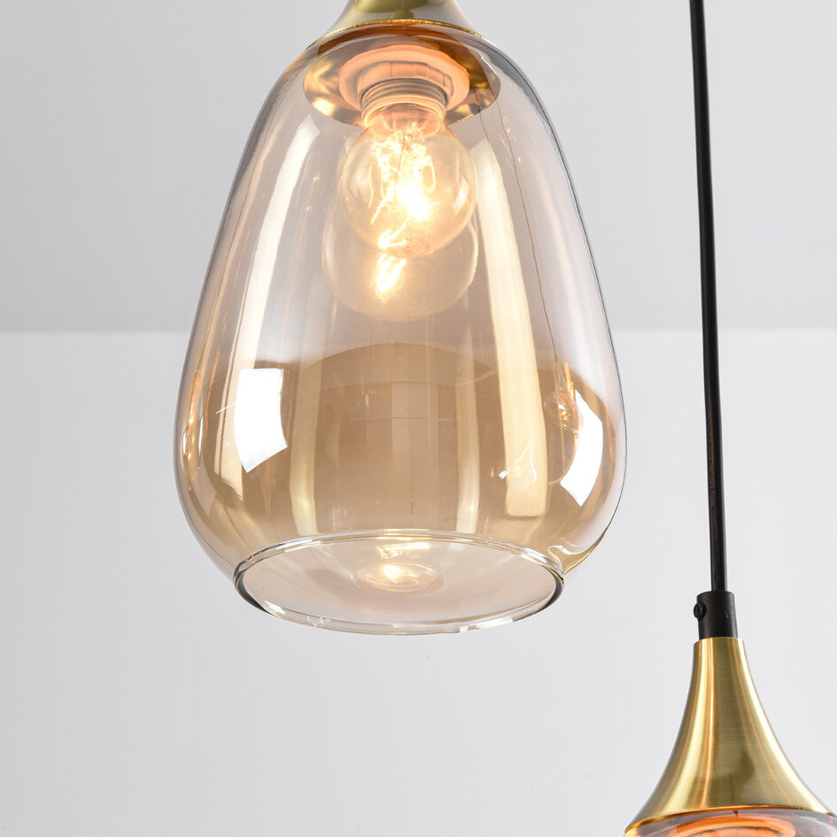 Pendelleuchte gold mit amber Glas, 6-flammig - Loic