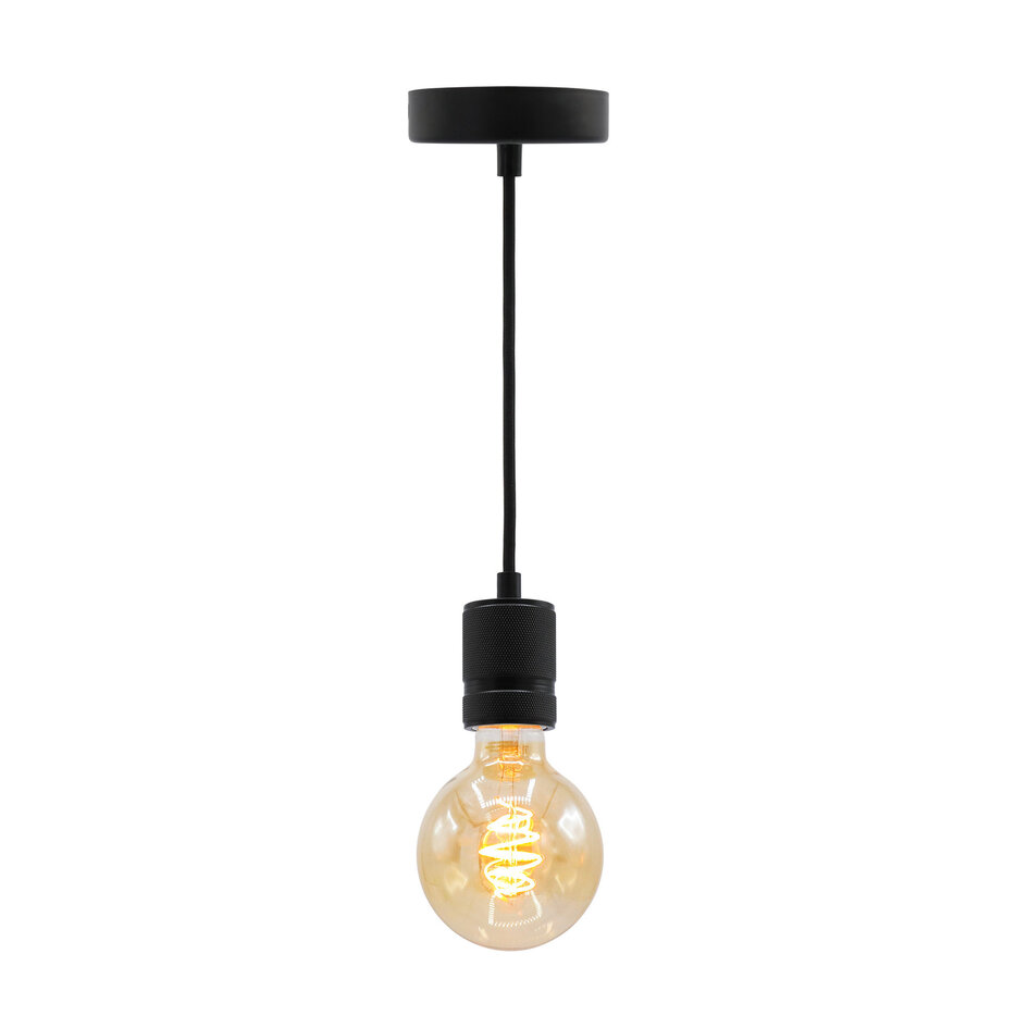Industrielle mattschwarze Seilpendelleuchte inkl. 5W XL Glühbirne, Braunglas, 1800K, Ø95