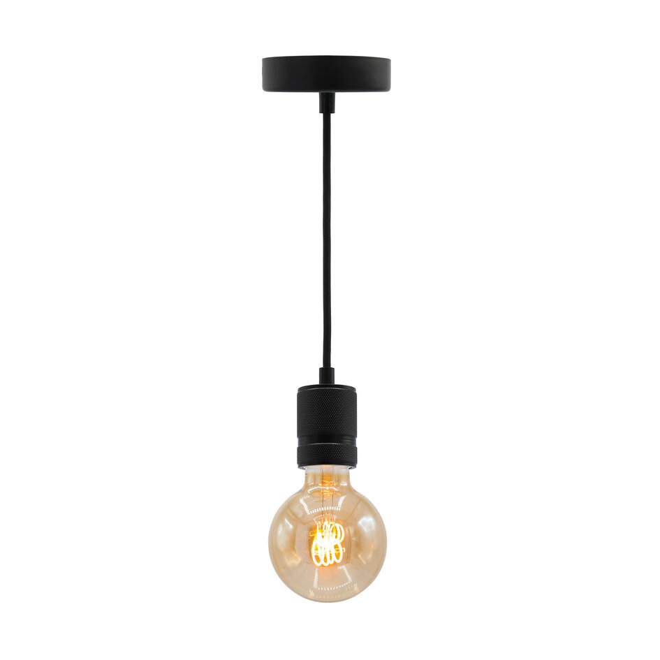 Industrielle mattschwarze Seilpendelleuchte inkl. 5W XL Glühbirne, Braunglas, 1800K, Ø95
