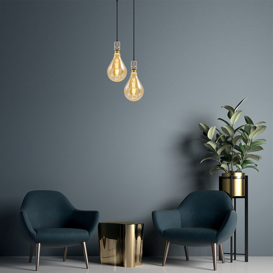 Industrielle Silberschnur-Hängeleuchte inkl. 8,5W bis 10W XXL Lampe, amber Glas, 2000K, Ø160