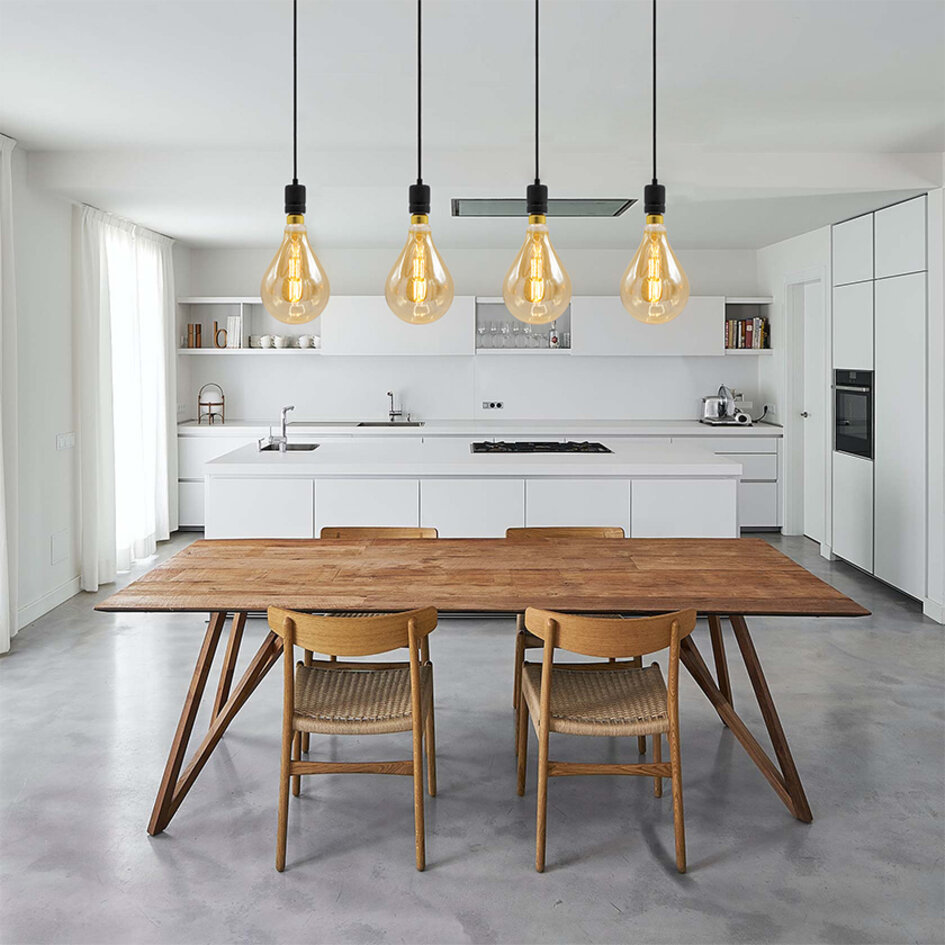 Industrielle mattschwarze Seilpendelleuchte inkl. 8,5W bis 10W XXL Lampe, Braunglas, 2000K, Ø160