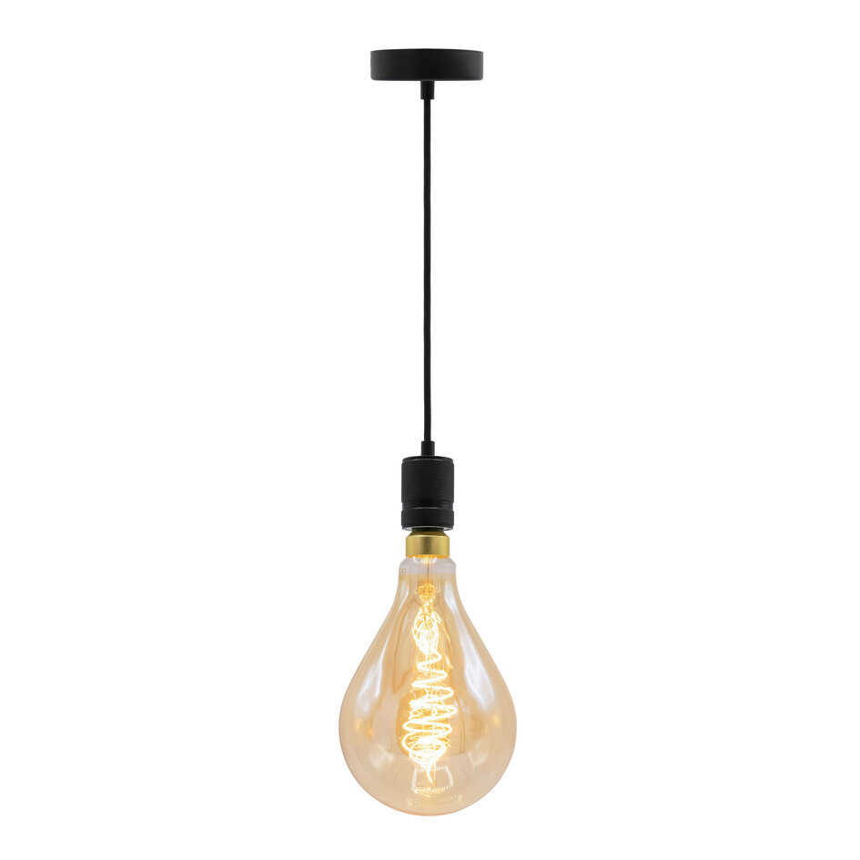 Industrielle mattschwarze Seilpendelleuchte inkl. 8,5W bis 10W XXL Lampe, Braunglas, 2000K, Ø160