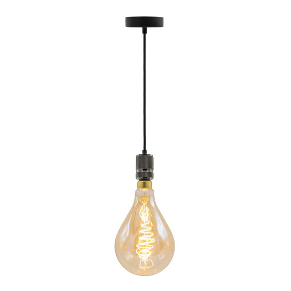 Industrielle schwarz glänzende Pendelleuchte inkl. 8,5W bis 10W XXL Lampe, amber glas, 2000K, Ø160