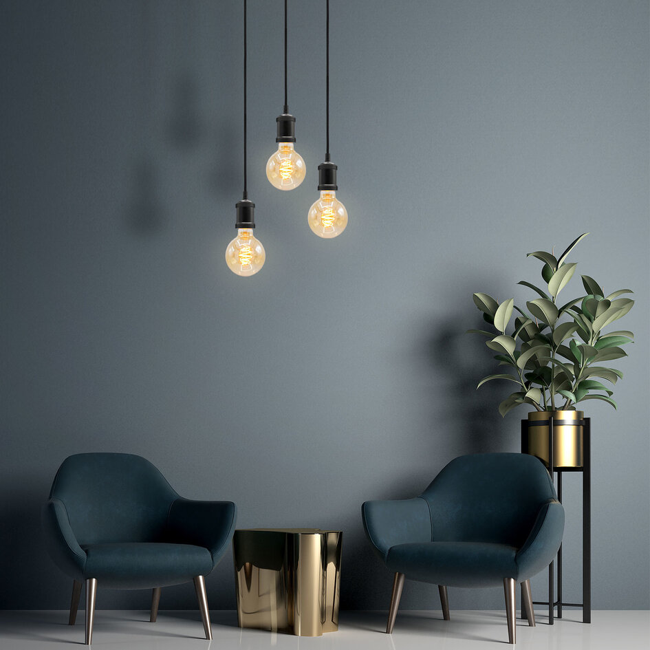 Moderne mattschwarze Seilpendelleuchte inkl. 5W XL-Lampe, Braunglas, 1800K, Ø95