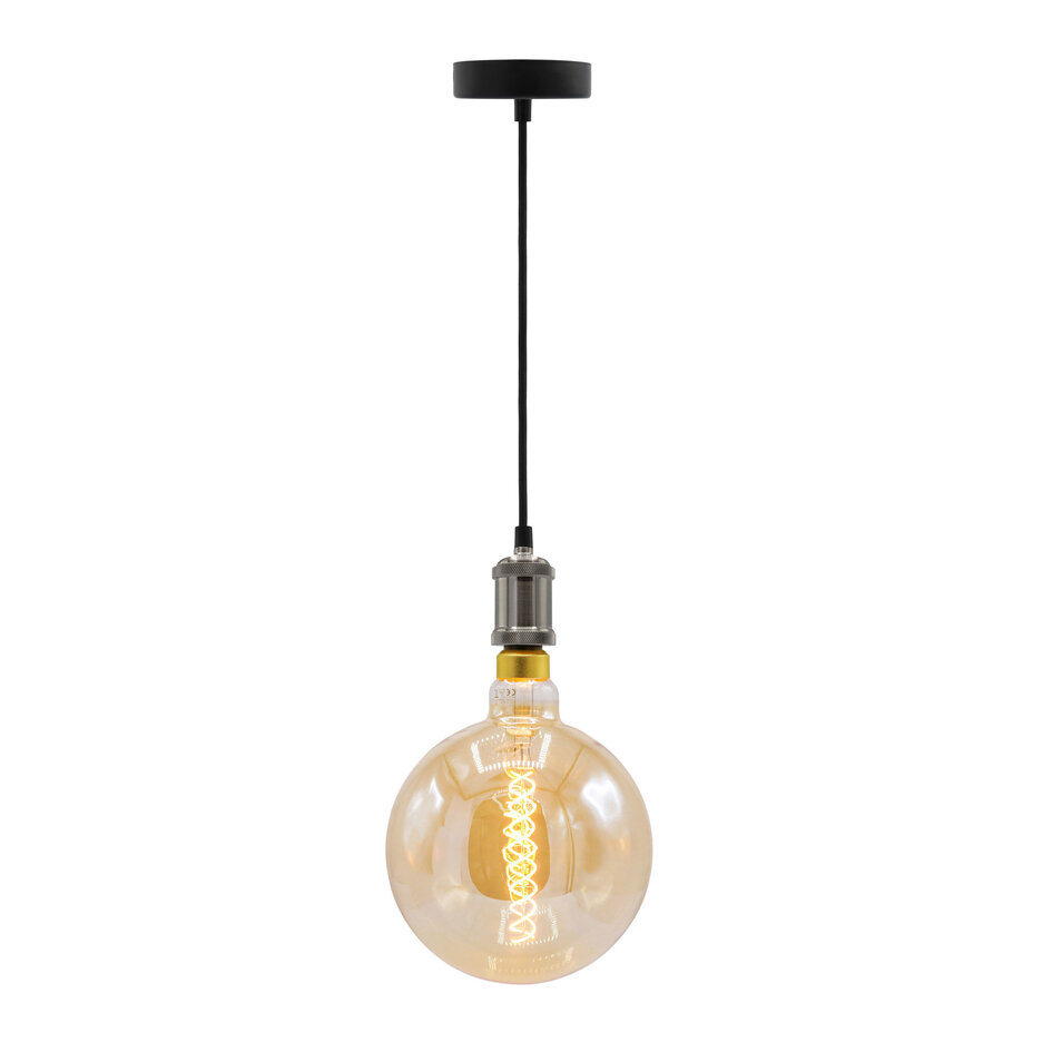 Moderne Silberschnur-Hängeleuchte inkl. 8,5W bis 10W XXXL-Lampe, amber glas, 2000K, Ø200