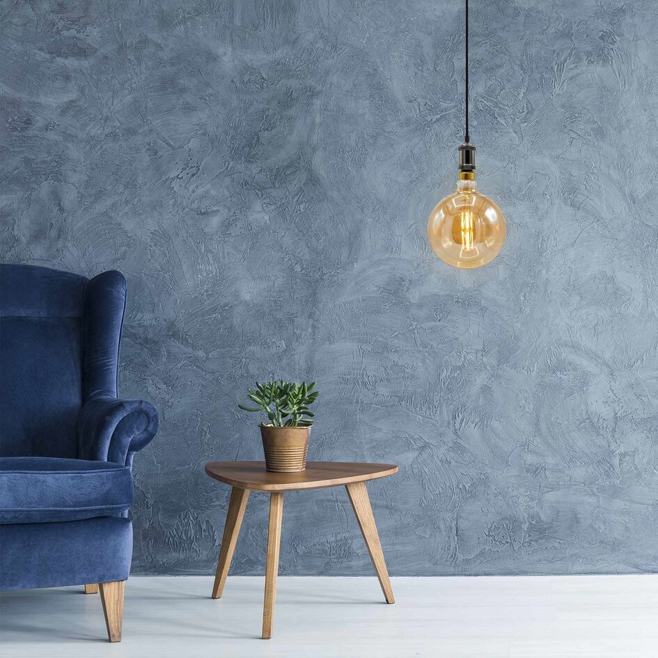 Moderne schwarz glänzende Pendelleuchte inkl. 8,5W bis 10W XXXL Lampe, amber Glas, 2000K, Ø200