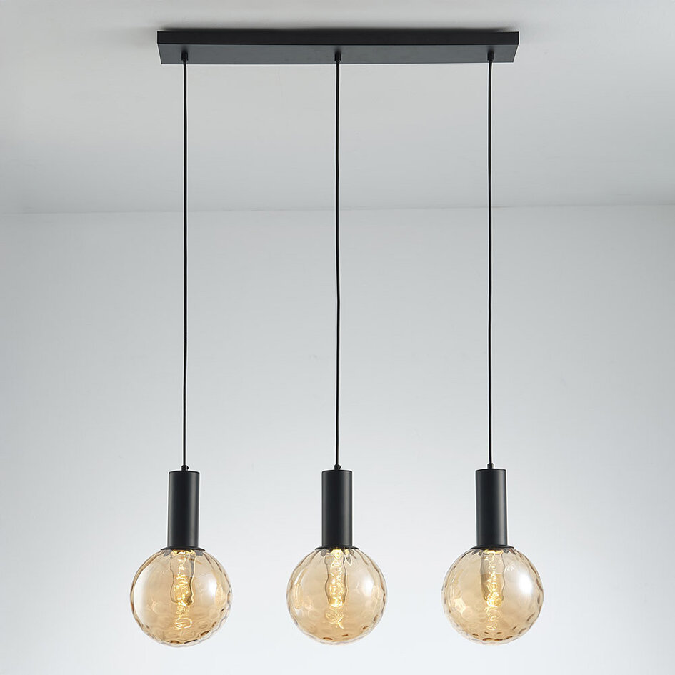 3-Licht-Pendelleuchte schwarz mit amber Glas - Anglia