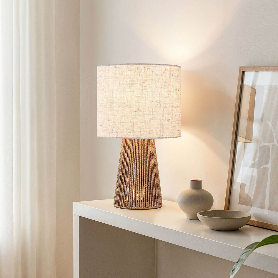 Tischlampe im Boho-Chic mit Leinenschirm - Ranpu