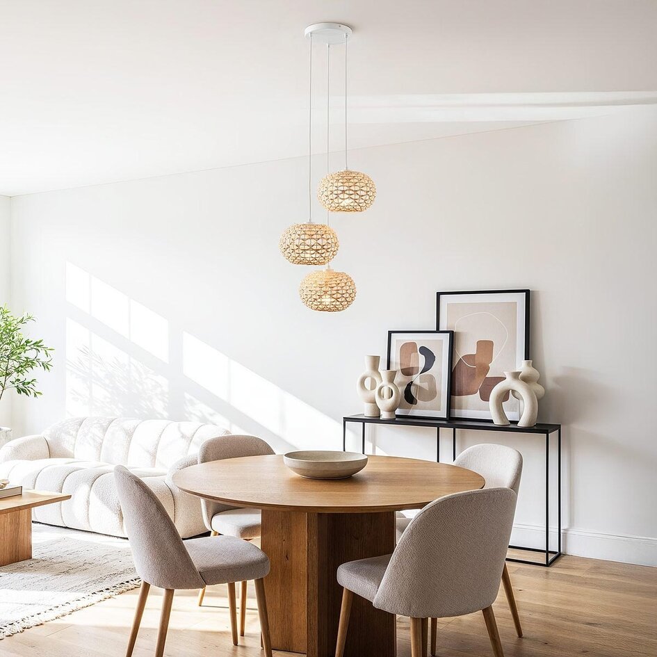 3-flammige Rattan-Hängeleuchte Canaba mit geflochtenem Design