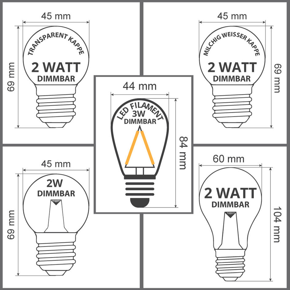 Lichterkette Glühbirne mit großer Abdeckung und Linse, dimmbar - 2 Watt