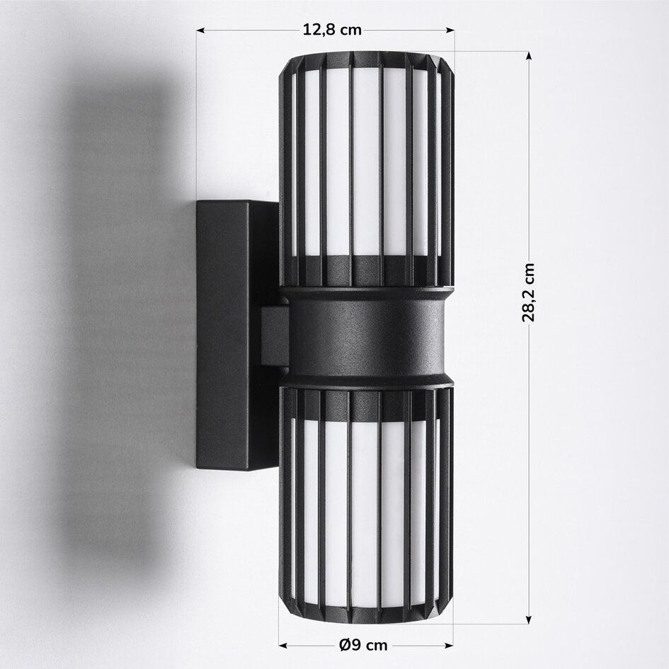 Schwarze 2-Licht-Wandleuchte Tazio mit Glasschirm und vertikalen Stäben