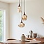 Design-Pendelleuchte Zian - 3-flammig schwarz mit Holzoptik und amber Glas in verschiedenen Formen