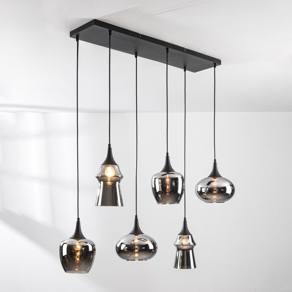 6-flammige Hängeleuchte Lior schwarz mit Rauchglasschirmen und Spiegeleffekt in verschiedenen Formen
