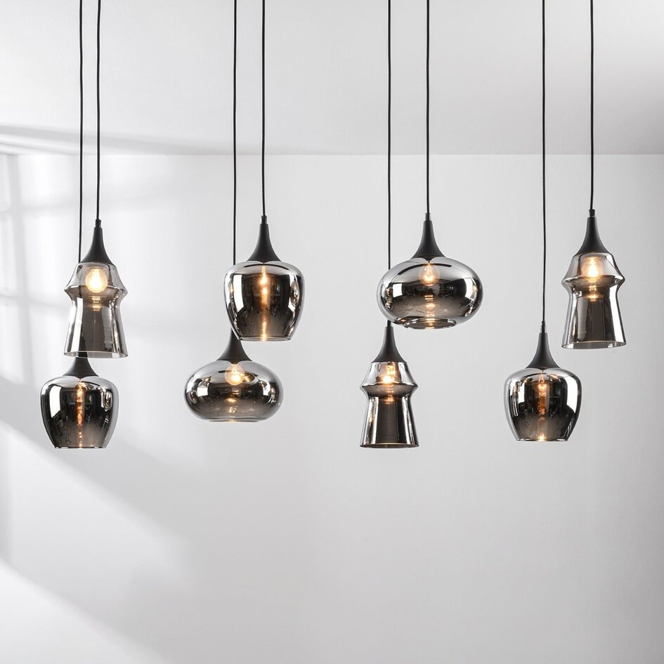 Hängeleuchte Cael schwarz mit Rauchglas und Spiegeleffekt in verschiedenen Formen - 8-flammig