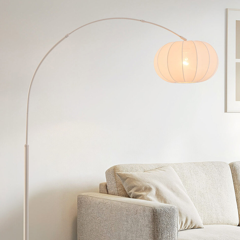 Japandi Bogenlampe Marell - beige Leuchte mit Leinenschirm