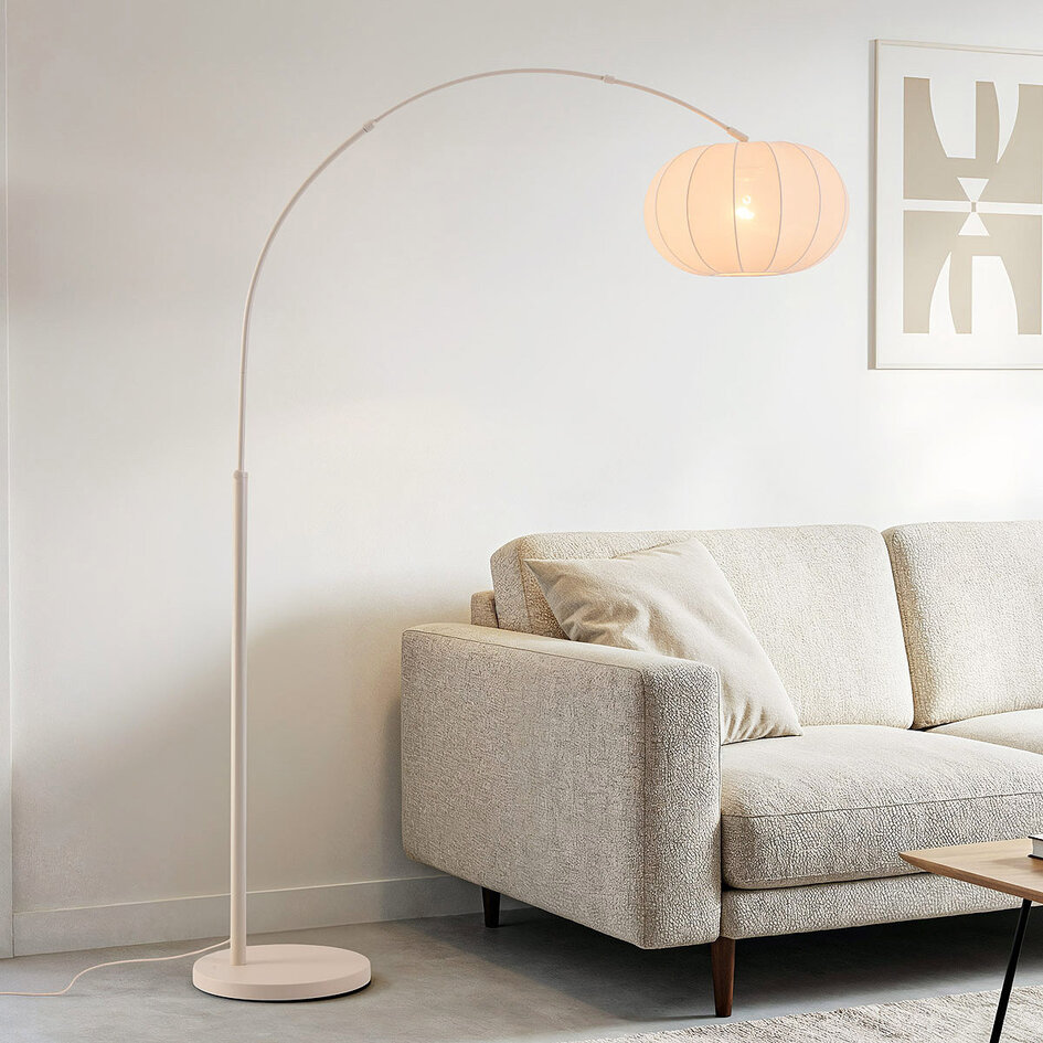 Japandi Bogenlampe Marell - beige Leuchte mit Leinenschirm