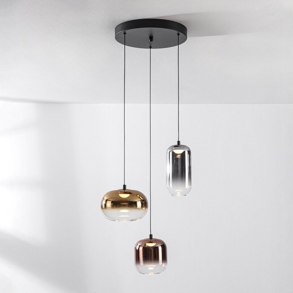 3-flammige Hängelampe Kafei mit LED, 3-stufig dimmbar und Glaskappen in Gold, Rauchglas und Kupfer
