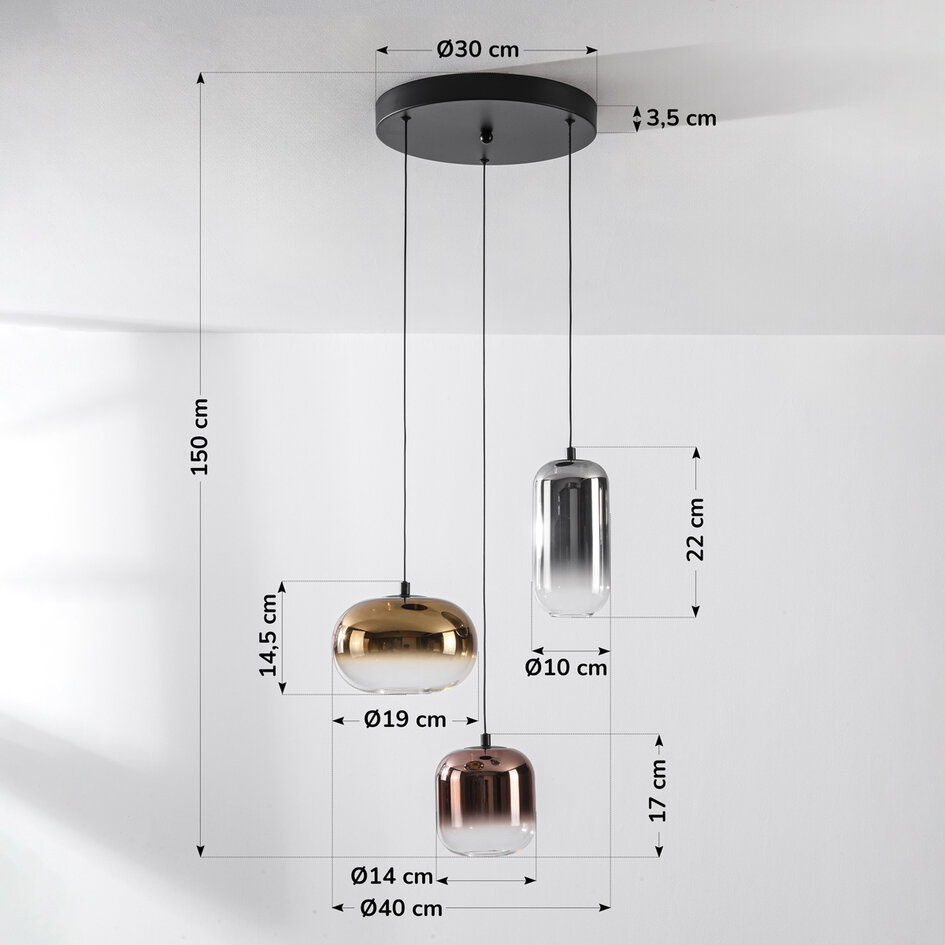 3-flammige Hängelampe Kafei mit LED, 3-stufig dimmbar und Glaskappen in Gold, Rauchglas und Kupfer
