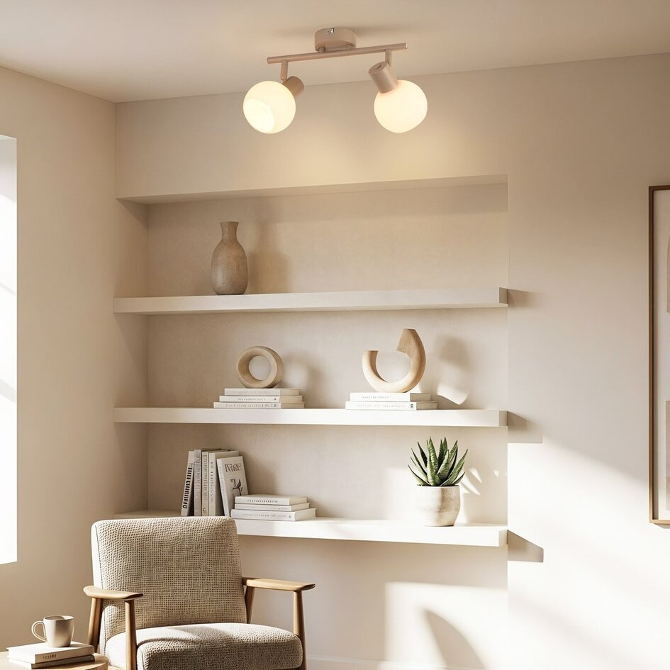 Drehbare Deckenleuchte Phiene mit zwei milchweißen Glaskappen – beige