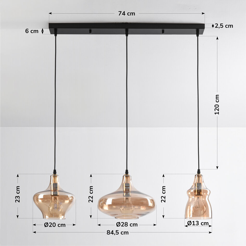 3-flammige industrielle Pendelleuchte mit amber Glas - Maracas