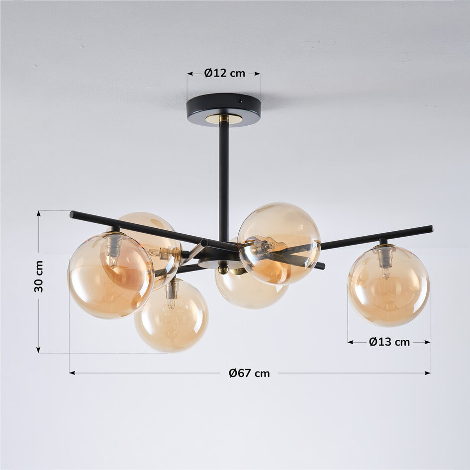 Deckenleuchte Venezia schwarz mit amber Glas, 6-flammig