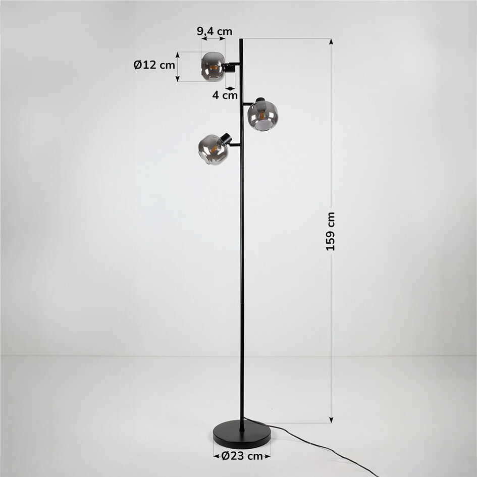 Schwarze Stehleuchte mit Rauchglas und Spiegeleffekt, 3-flammig - Jesse