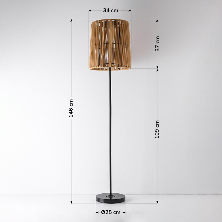 Solar-Stehleuchte Elyra mit Lampenschirm in Rattanoptik – schwarz mit naturbraun