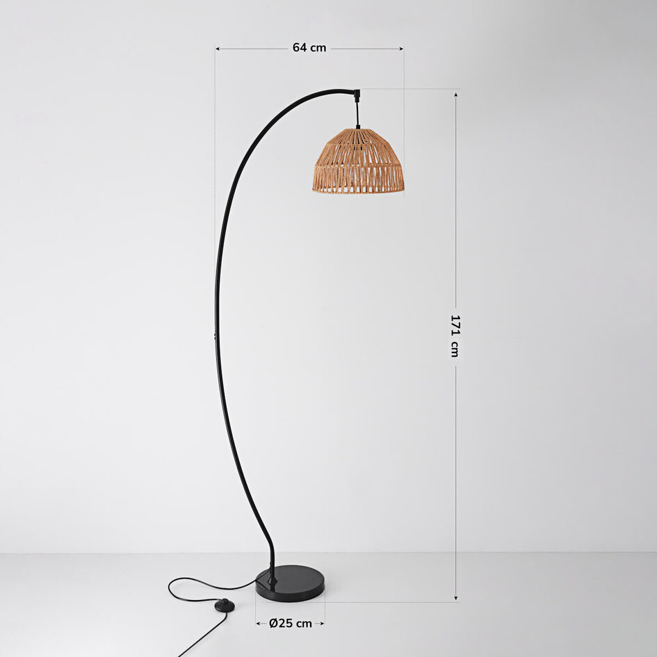 Moderne Bogenlampe Estar mit natürlichem Schirm und schwarzem Rahmen