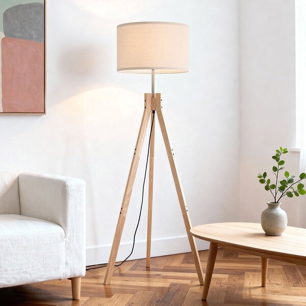 Skandinavische Stehlampe Tenir mit Holzstativ und Leinenkappe