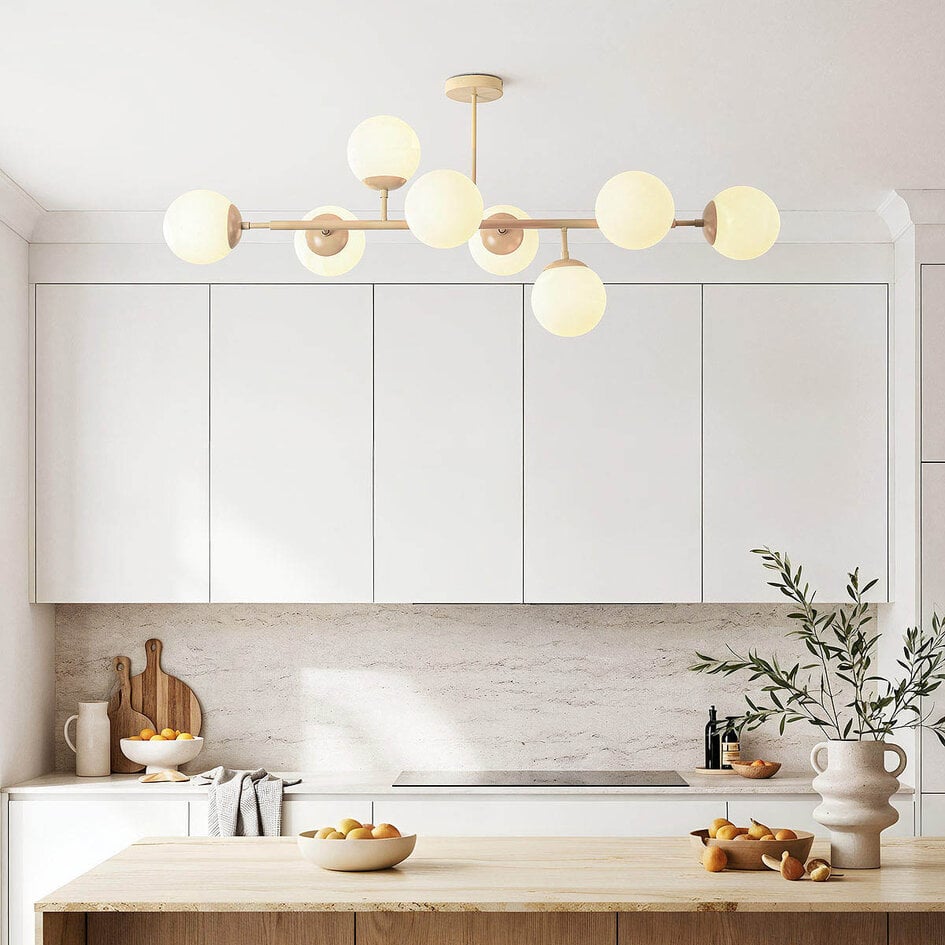 Design-Deckenleuchte Osem beige mit milchweißen Glaskugeln – 8-flammig