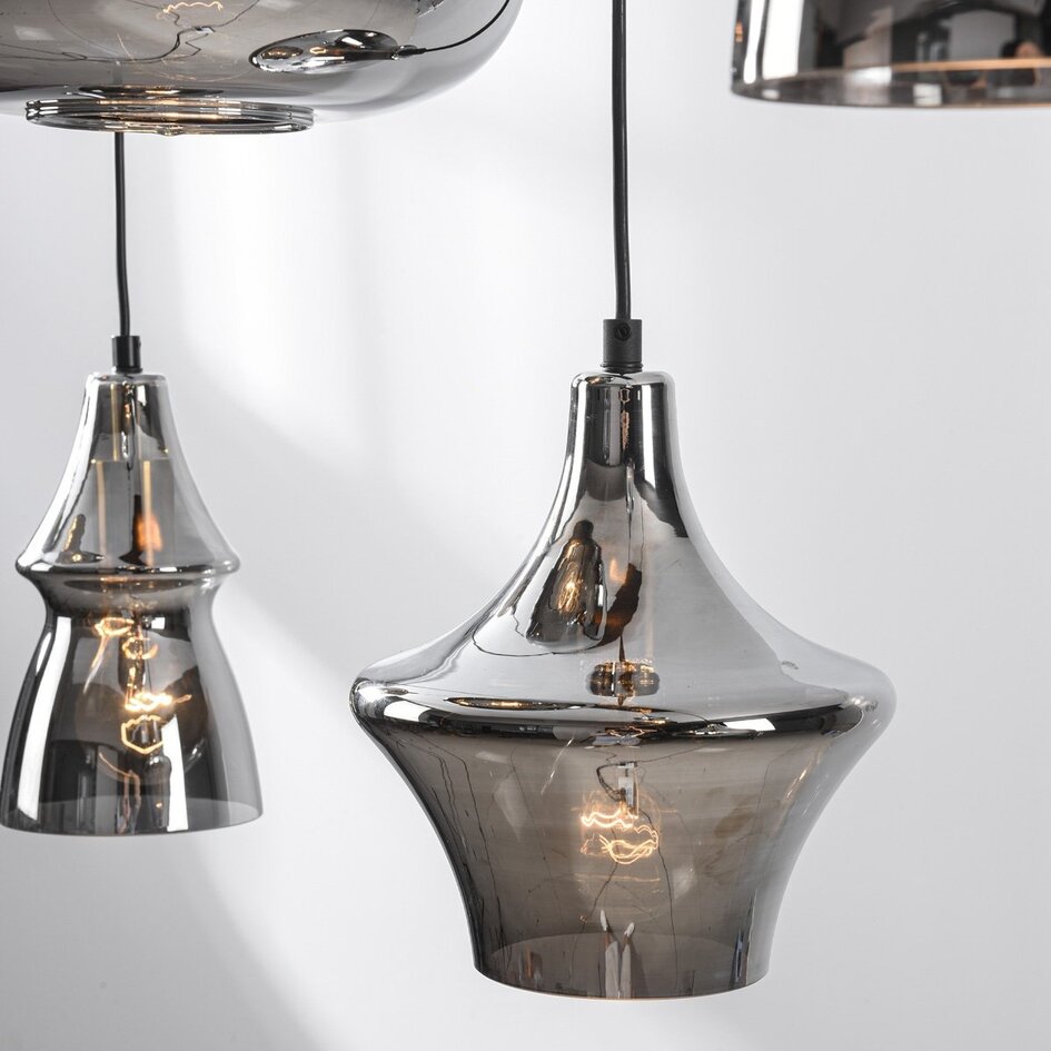 Industrielle Hängelampe Calypso schwarz 6-flammig mit Rauchglas