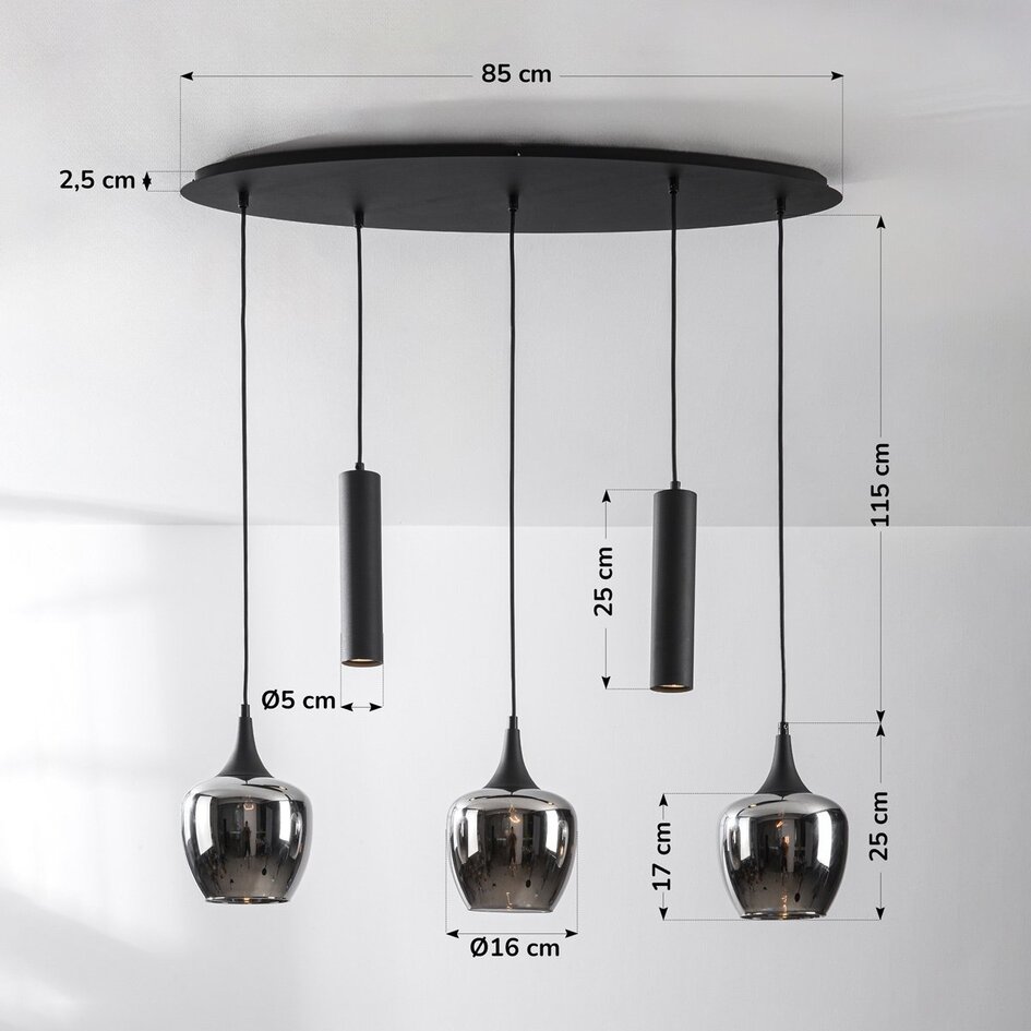 5-flammige Hängelampe Eloi mit drei Rauchglas-Schirmen und zwei GU10-Spots