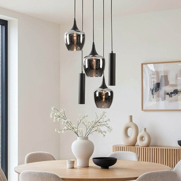 Industrielle Hängelampe Téo mit zwei GU10-Spots und drei Rauchglas-Schirmen