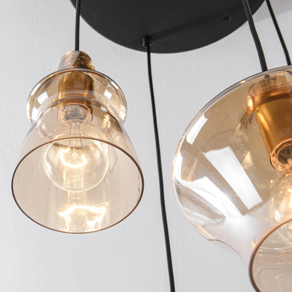 Retro-Design-Hängelampe Calypso mit vier amber Glas-Kappen