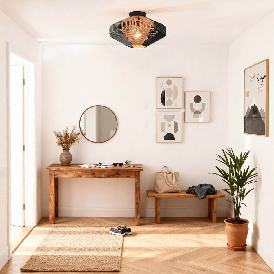 Boho-Chic-Deckenleuchte Skima aus schwarzem und naturfarbenem Seil