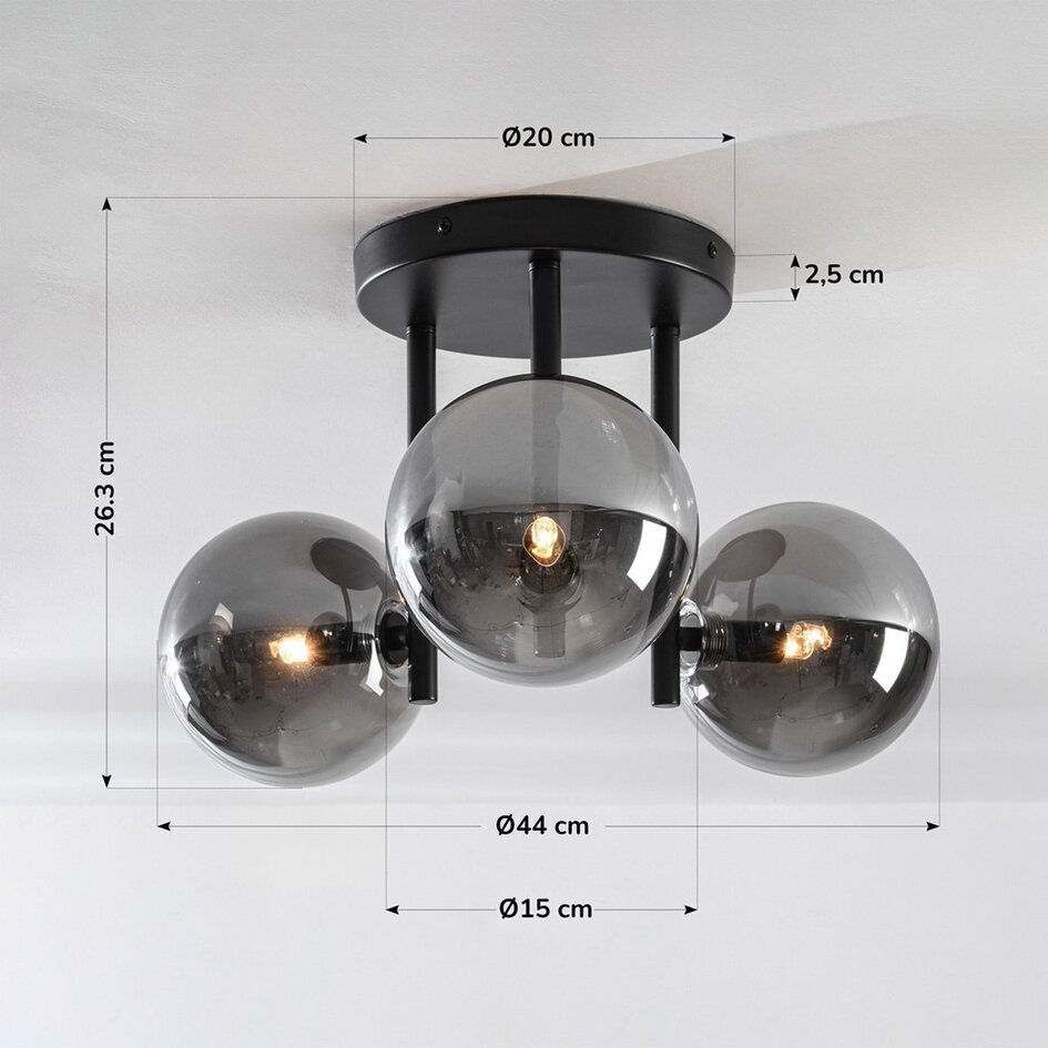 3-flammige schwarze Deckenleuchte Elora mit Rauchglas